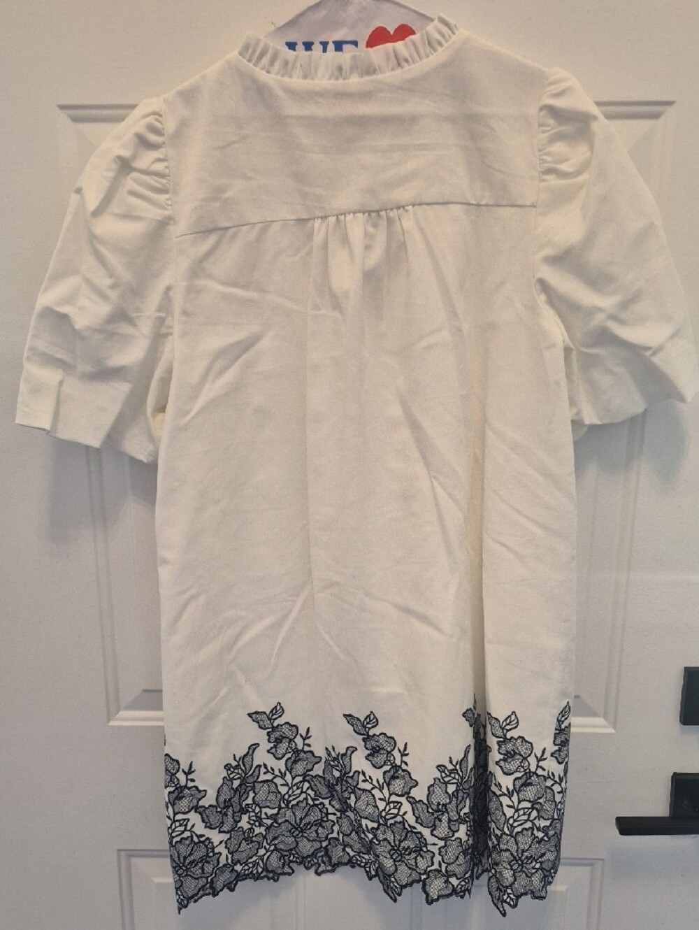 White Midi Dress with Puff Sleeves and Black Floral Hem - Picture 2 of 6